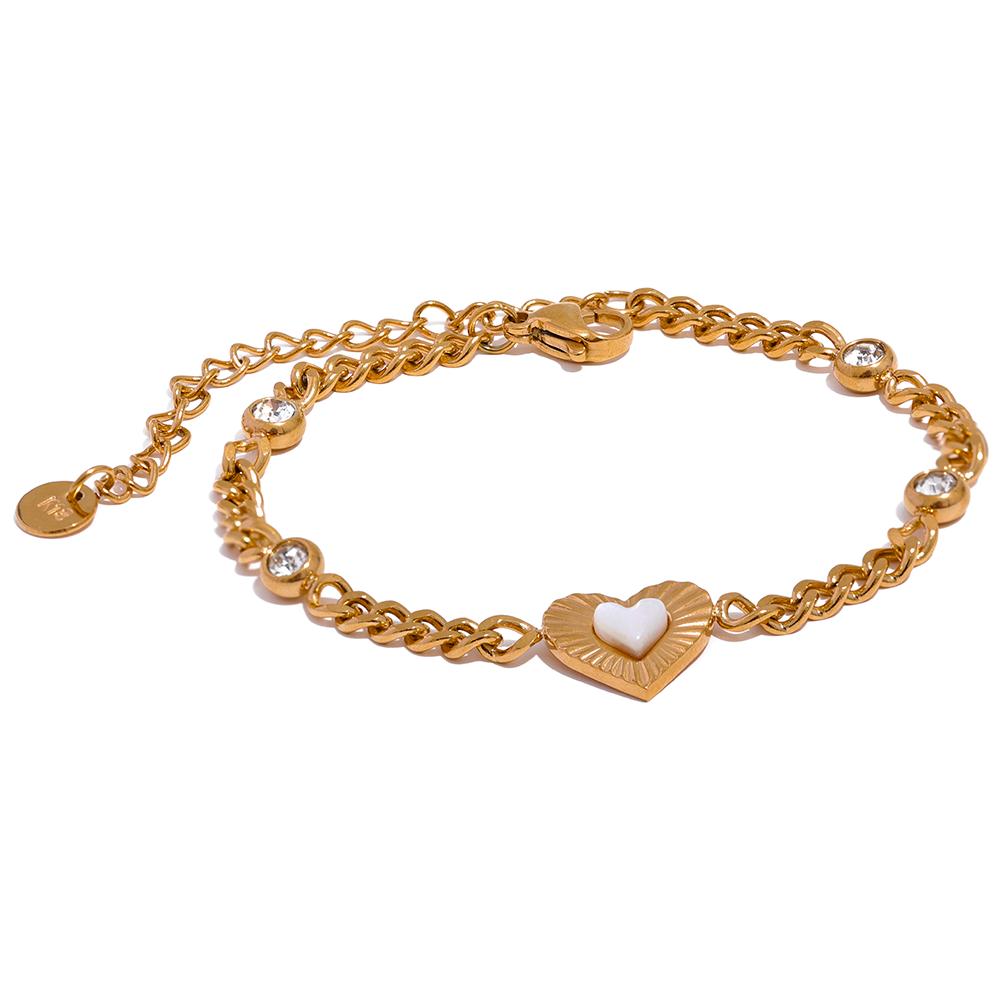 

Yhpup Exquisite Heart Natural Shell Chain Stainless Steel Delicate CZ Bracelet Bangle for Women Waterproof Gold Color Jewelry