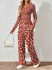 Spring and Autumn digital print women's V-neck long sleeve pants set, comfortable, casual, versatile, slim fit two-piece set