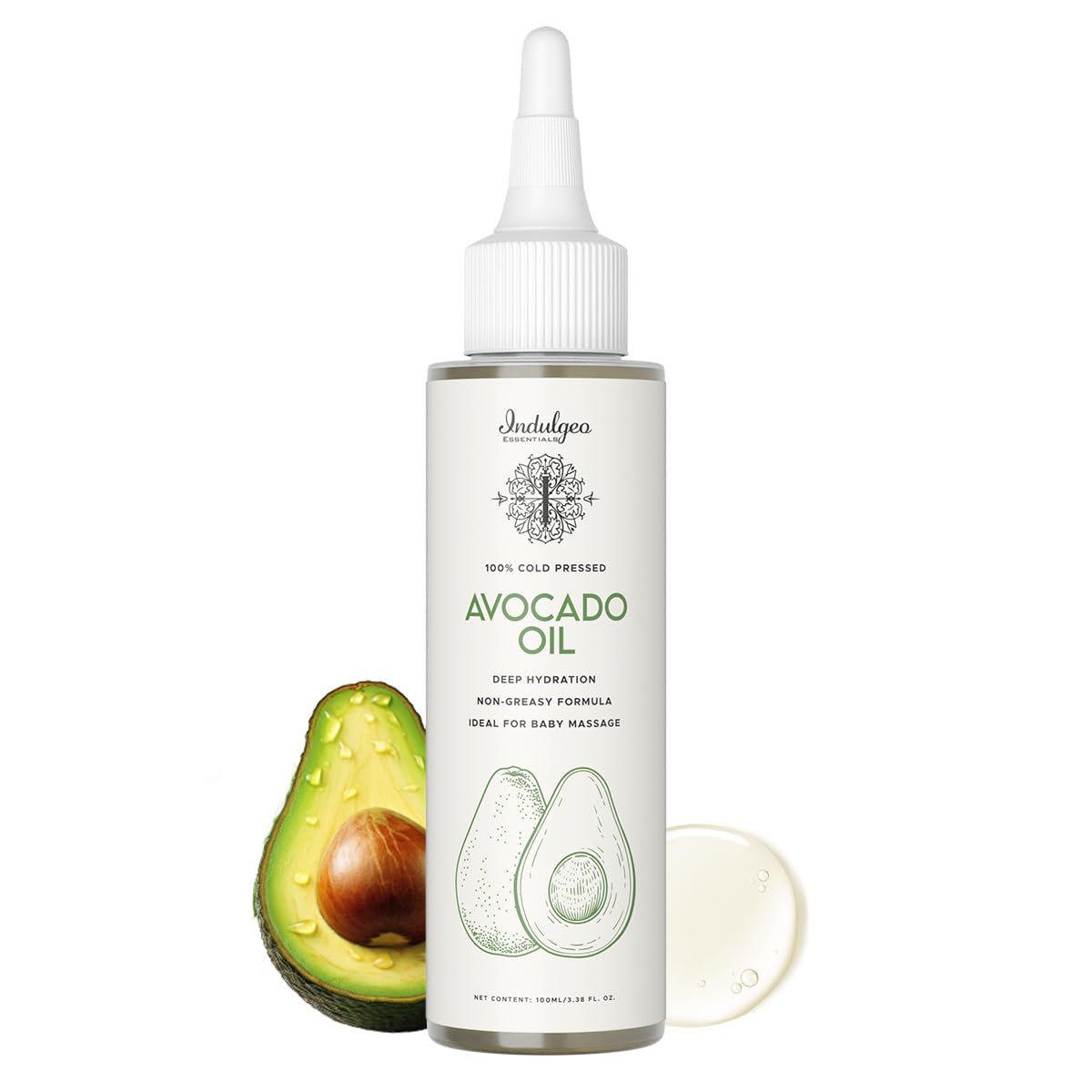 Indulgeo Essentials 100% Natural Cold Pressed Avocado Oil for Skin & Hair - Hair Oil for Hair Growth, Avocado Body & Face Oil for Glowing & Dry Ski