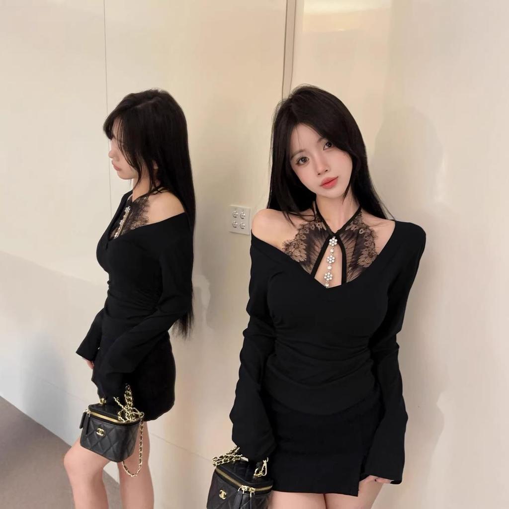 Chic Heavy-Duty Sequin Patchwork Lace Halter V-Neck Long-Sleeve Layered Fake Two-Piece Women's T-Shirt