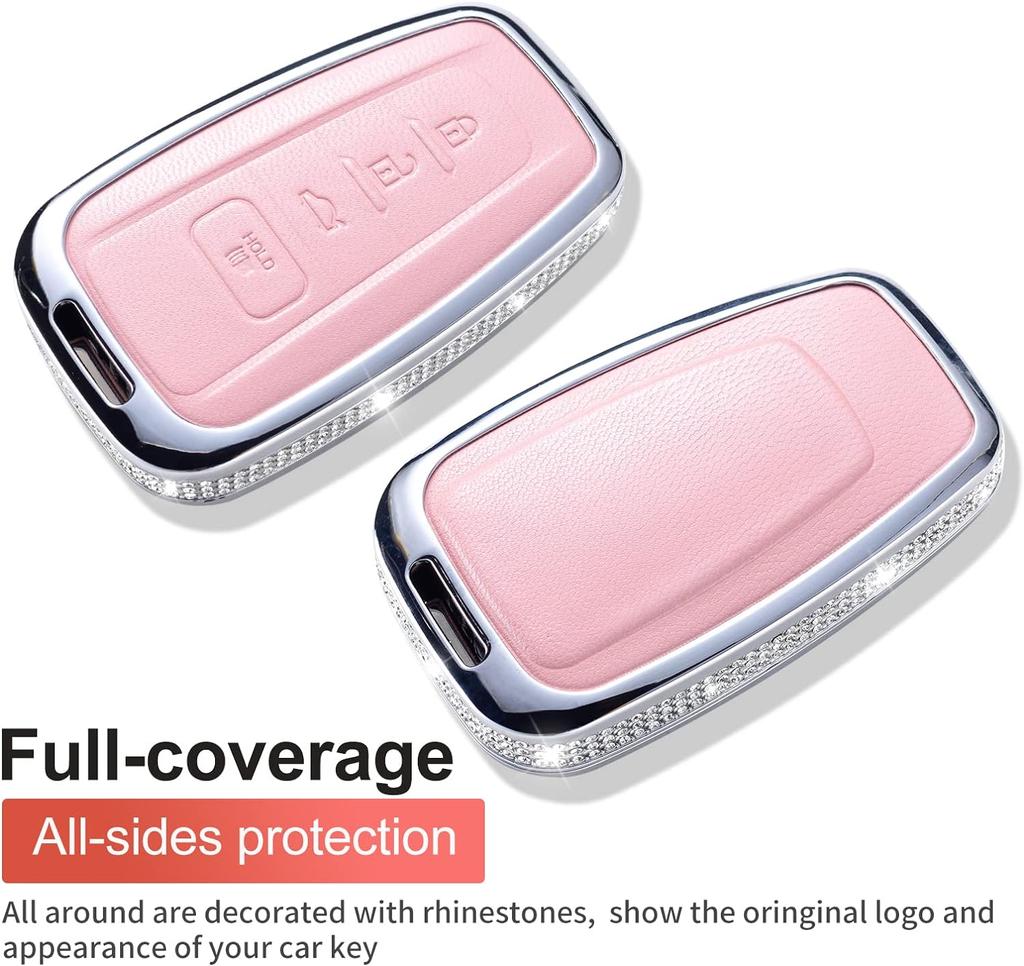Compatible with Toyota Key Fob Cover with Keychain, Pink Genuine Leather Crystal Key Case Protection Shell for 2018-2022 Camry R