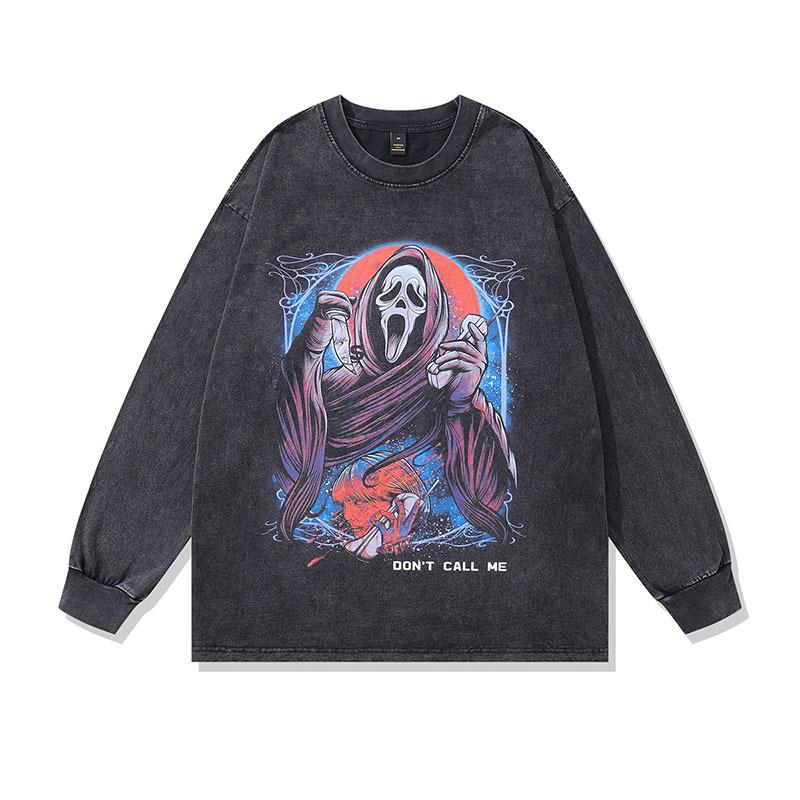 Skull Print Long-Sleeved T-Shirt High Street Trendy Brand Retro Washed Loose Cotton Vintage Top T-Shirt Men
