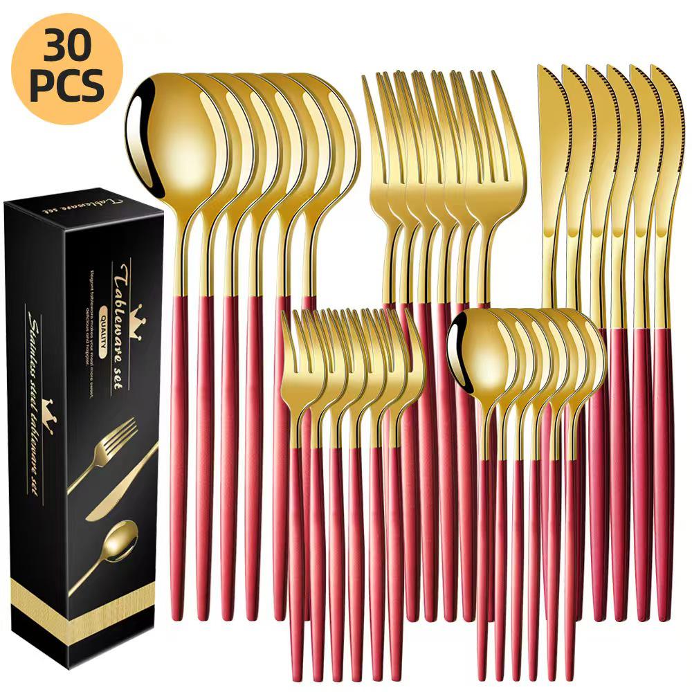 Portugal Stainless Steel 30-Piece Cutlery Set: Western Steak Knife, Fork, Spoon in Gift Box