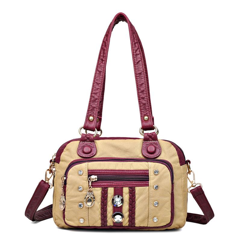 Fashionable Braided Women's Handbag Color-blocking Rivet Pleated Large Capacity Women's Shoulder Bag Back Anti-theft Zipper