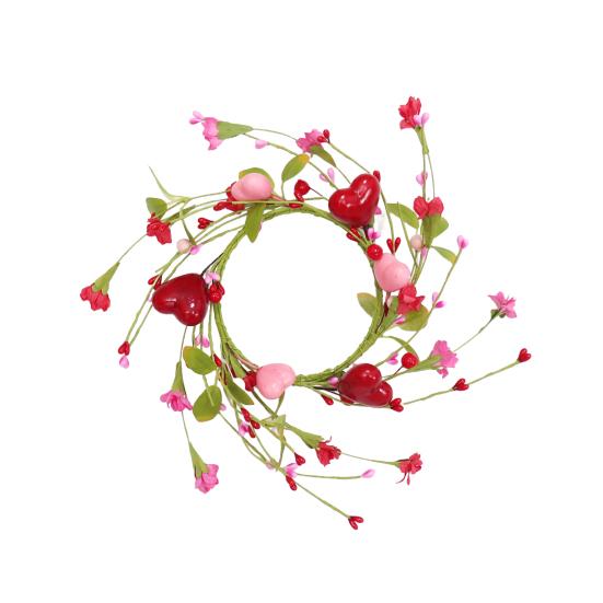 

Valentine s Day Heart Candle Ring Wreath Handcrafted Red Pink Berry Centerpiece with Flowers Table Decor for Romantic Dinner розовый
