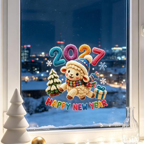 Reusable PVC Window Film Chinese New Year Stickers, 2027 Goat Static Clings, Seasonal Store Decorations Crochet Knit Lamb Decals, Decor for Home Shop
