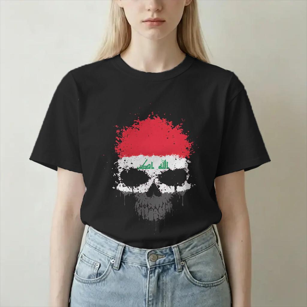 Funny Chaotic Iraqi Flag Splatter Skull TShirts For Unisex Unisex Cotton T Shirt Short Sleeve Tee Shirt New Arrival Clothes