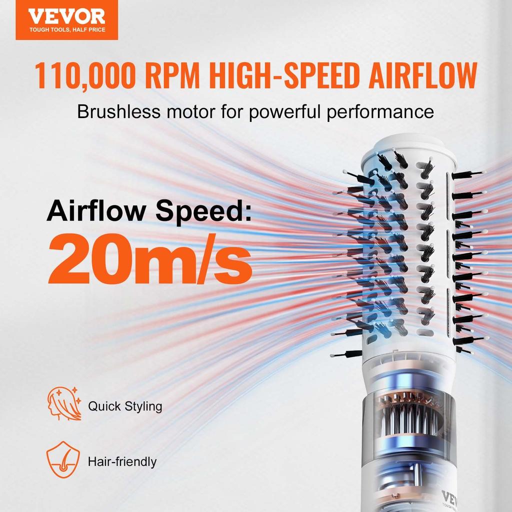 VEVOR Hair Dryer Styler, Ionic Hair Dryer Brush, 110,000RPM High-Speed Hot Air Styler with Oval & Paddle Brush