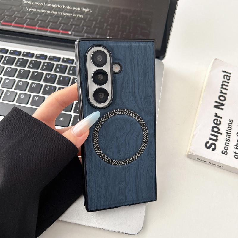 MagSafe Magnetic Wireless Charging PC+ Imitation Wood Grain Leather Phone Case For Samsung Z Fold 7 6 5 4 3 Folding Back Cover