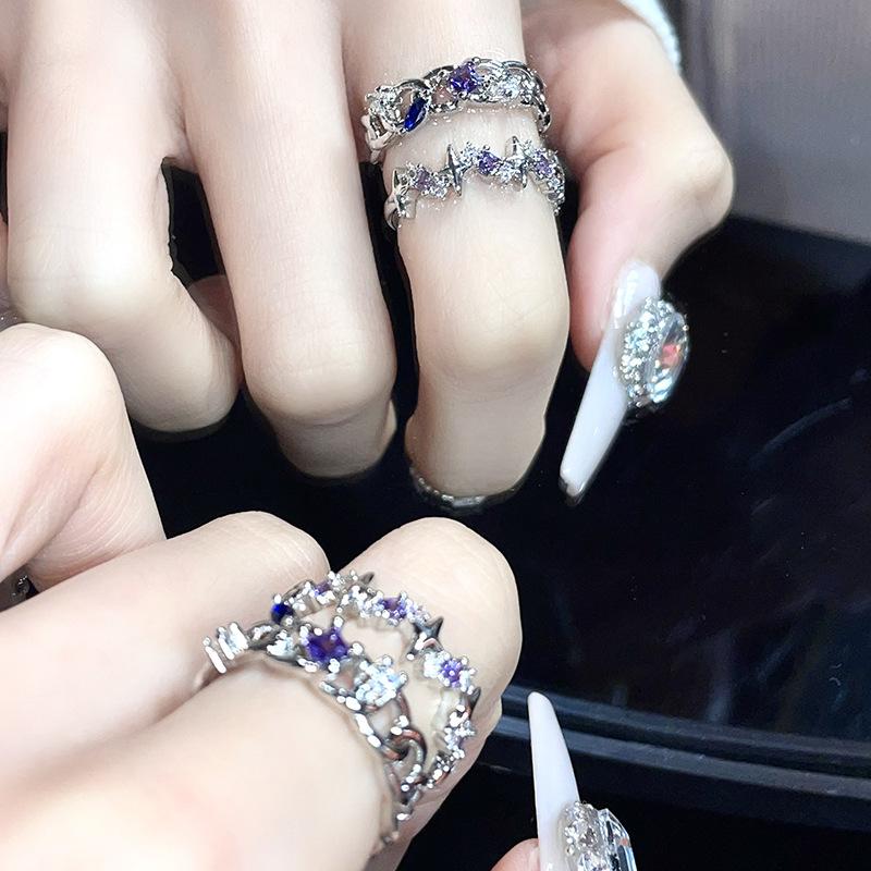 Niche Design Sense Diamond-Encrusted Zircon Mango Chain Open Ring Advanced Sense French Adjustable Stacked Ring Women