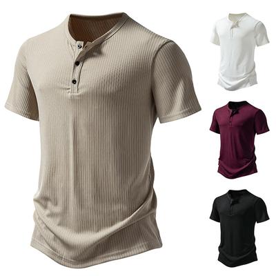 Henley Chemises d'été décontractées côtelées pour homme Coupe ajustée T-shirts d'entraînement respirants T-shirts de sport Chemise Bouton Tops basiques pour hommes T-shirts légers à manches courtes
