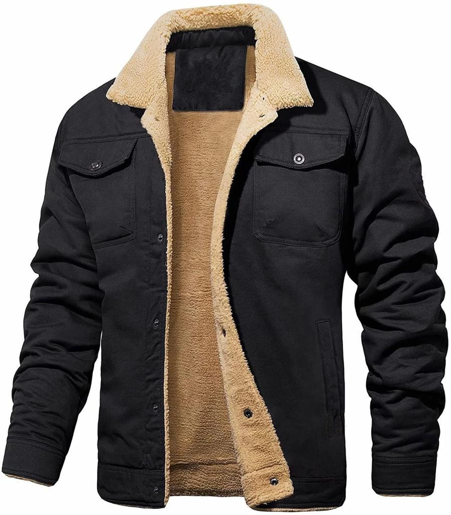 Men's Winter Turndown Collar Jacket Thick Fleece Lined Parka Coat with Multiple Pockets