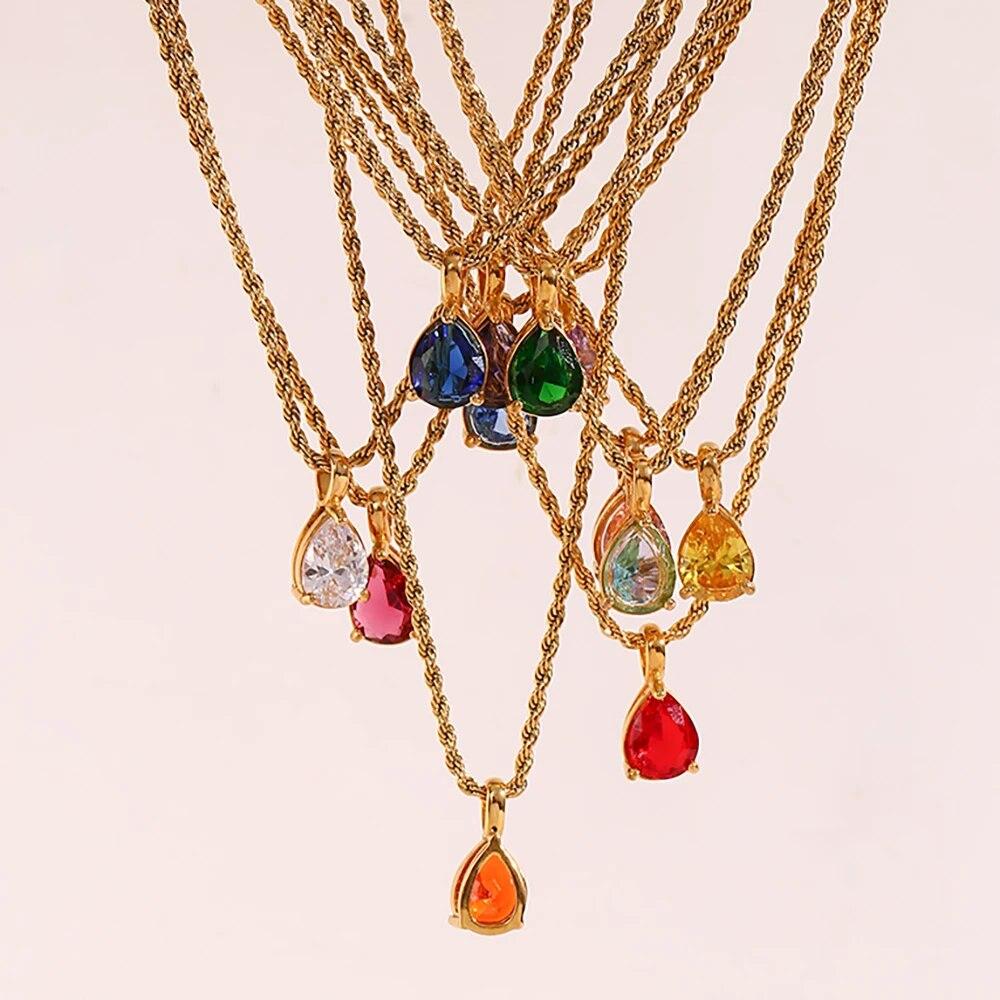 2022 Waterproof Fashion Birthstone Necklace Jewelry Gift For Women 12 Colors Zircon Waterdrop Pendant Necklace with Rope Chain