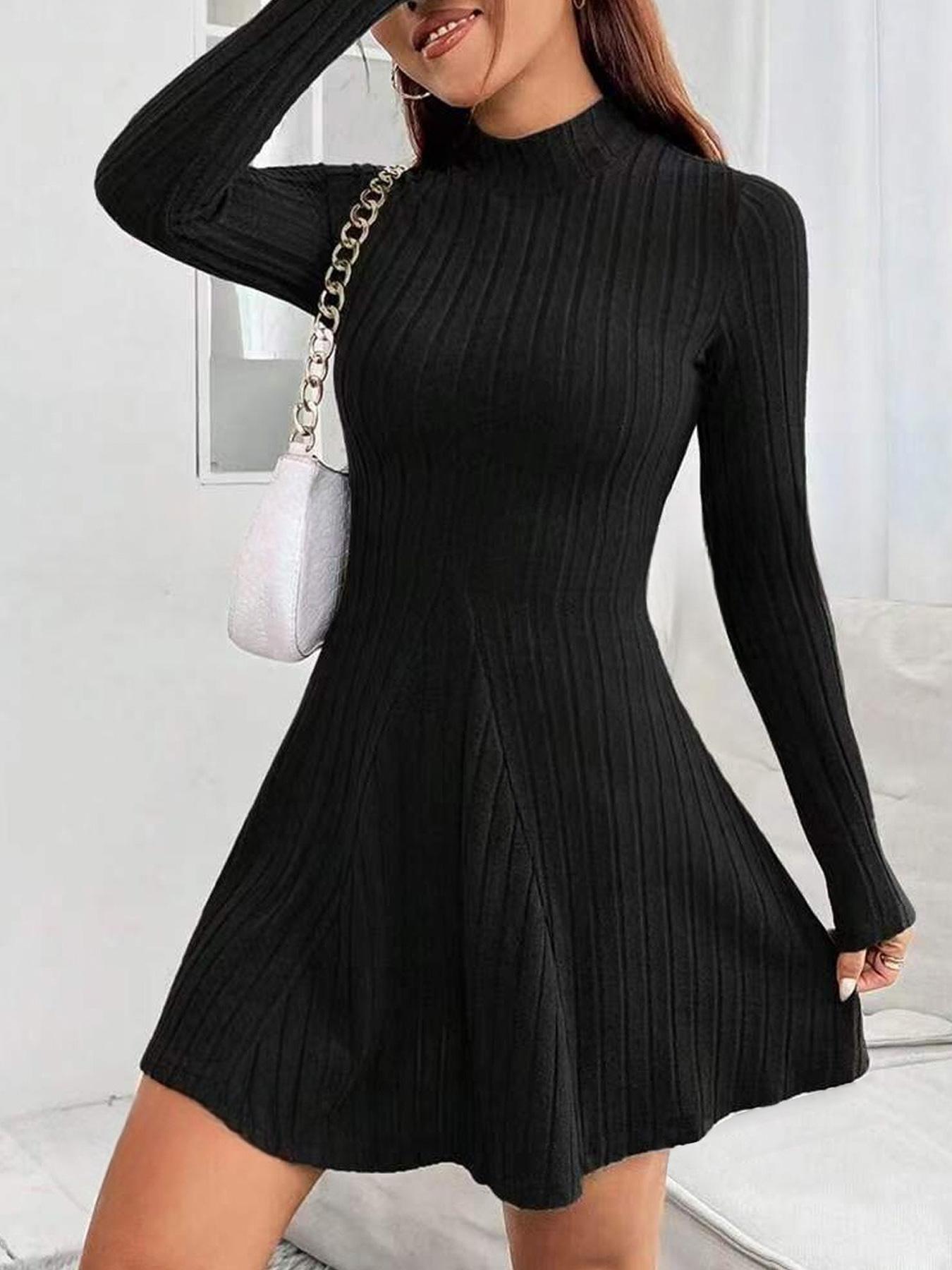 Women s slim fit half high collar waist cinched A-line skirt long sleeved pit stripe dress S чёрный