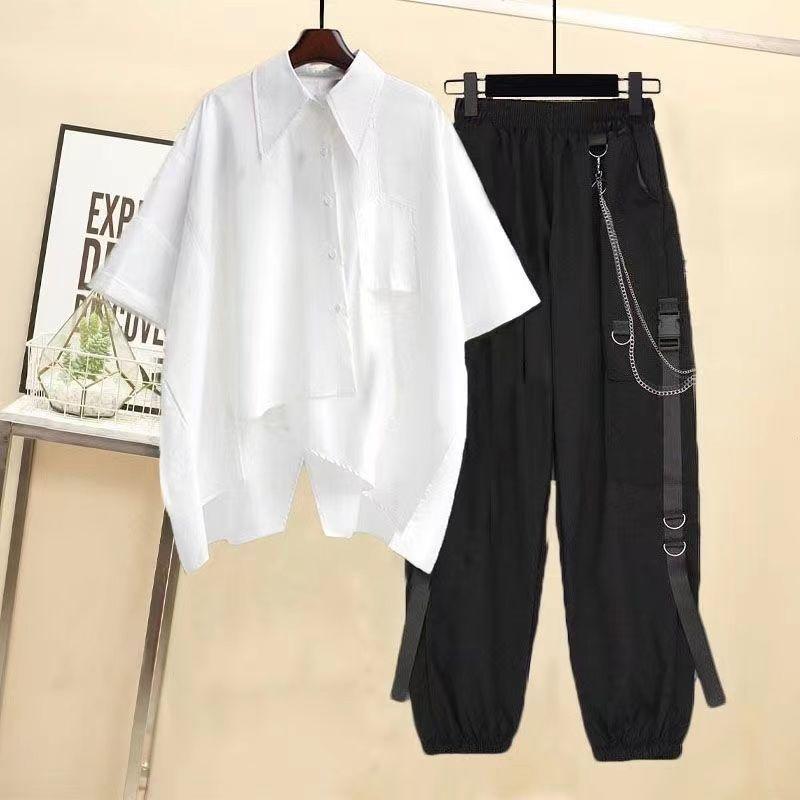 

Summer Women s Loose Two-piece Set Streetwear Outfits Loose Long Sleeve Shirt Ribbon Chain Cargo Pants Sets Casual Unisex Couple Suit XXL білий