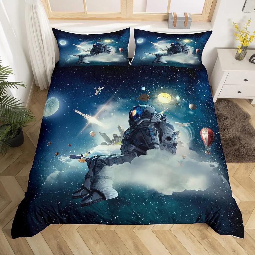 Cartoon Astronaut Duvet Cover Set Moon Clouds Starry Sky Quilt Cover Microfiber Galaxy Bedding Set Twin King For Boys Girls Gift