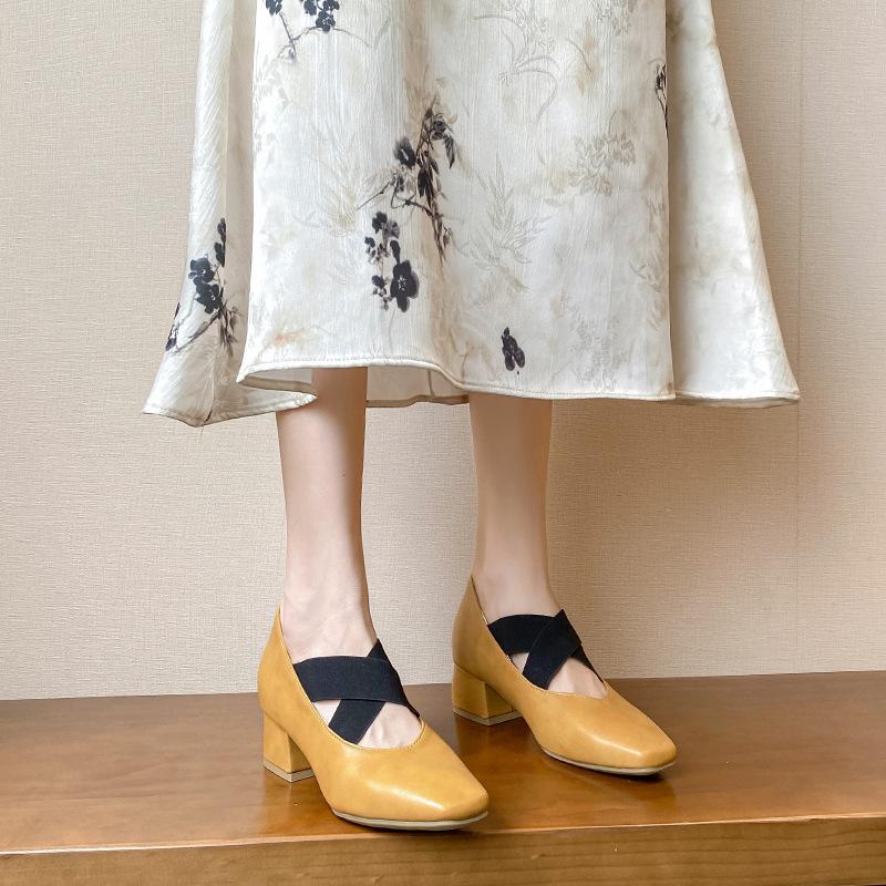 Inner heightening ballet shoes thick heel single shoes women's new cross strap retro grandma shoes