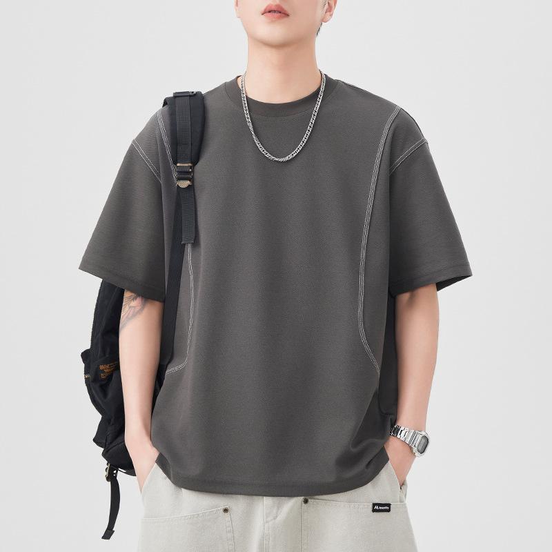 New Summer Short-sleeved T-shirt for Men's Bright Line Loose Five-point Sleeve T-shirt Casual Japanese Retro
