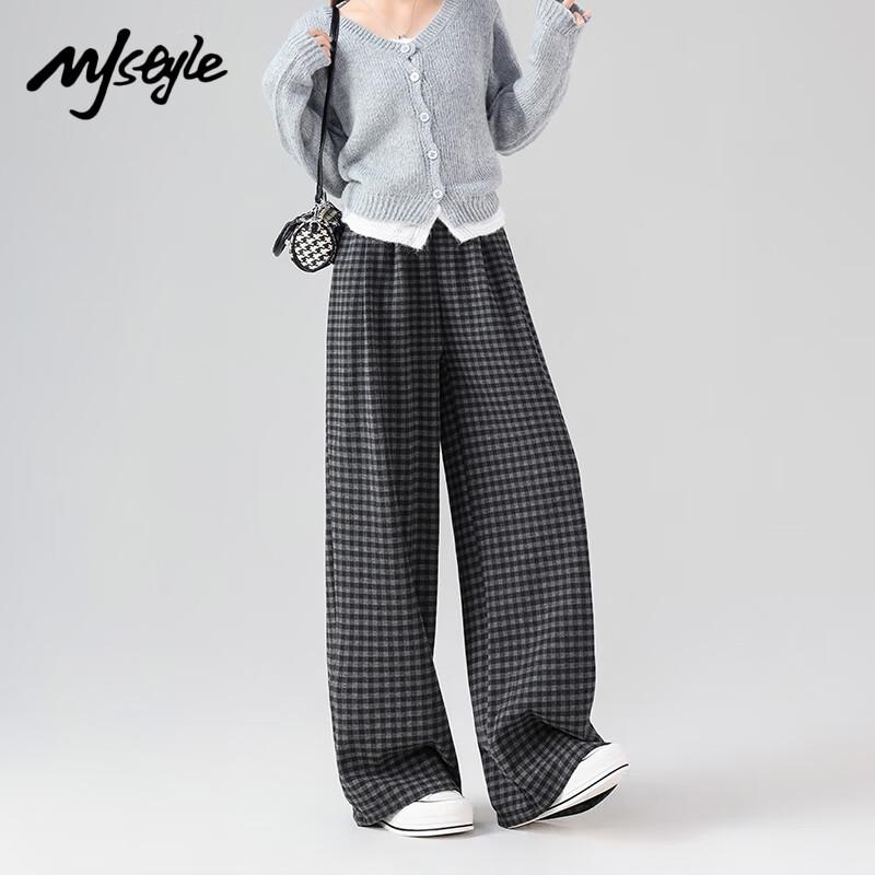 MJ STYLE Women's Retro Plaid Wide-Leg Casual Pants