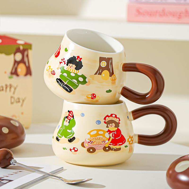 Hrnček Houbičková dívka Vysoce hodnotný suvenýrový dárek Roztomilý kreslený keramický hrnek s víčkem Velkokapacitní hrnek na pití