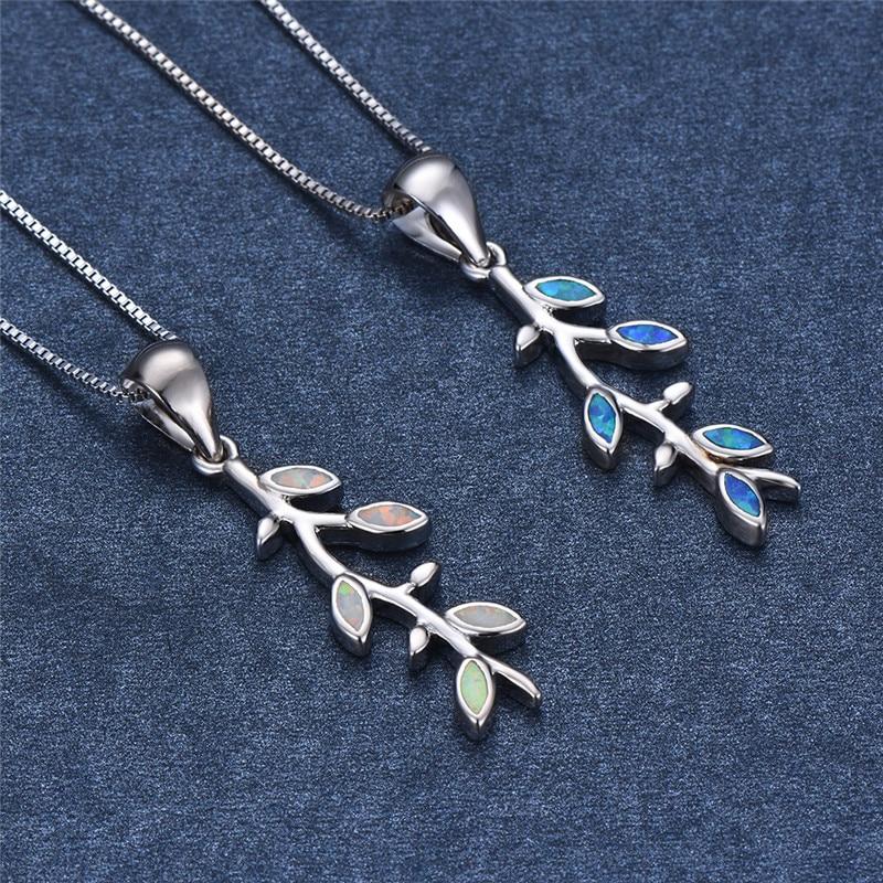 Niedliche Halskette mit Pflanzenbaumblatt-Anhänger, blau-weißer Feueropal, für Frauen, 925er Sterlingsilber, Geburtsstein-Schmuck, weibliche Halskette