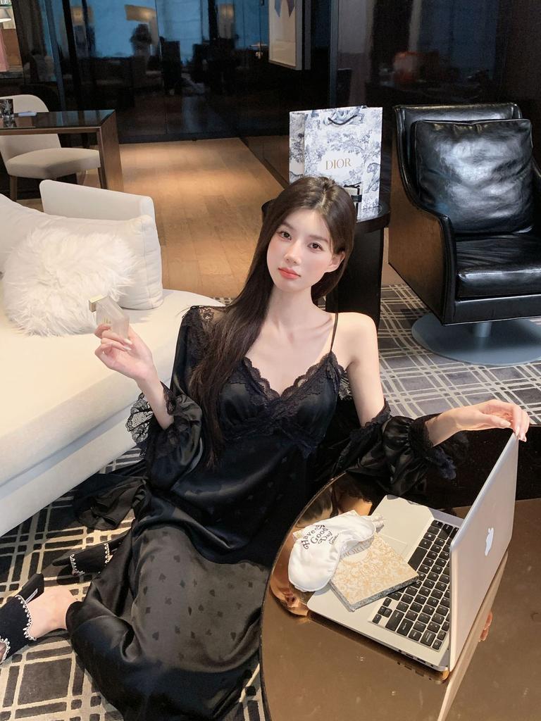 1011 summer new jacquard pajamas women's ice silk nightgown long suspender nightdress with chest pad lace loungewear