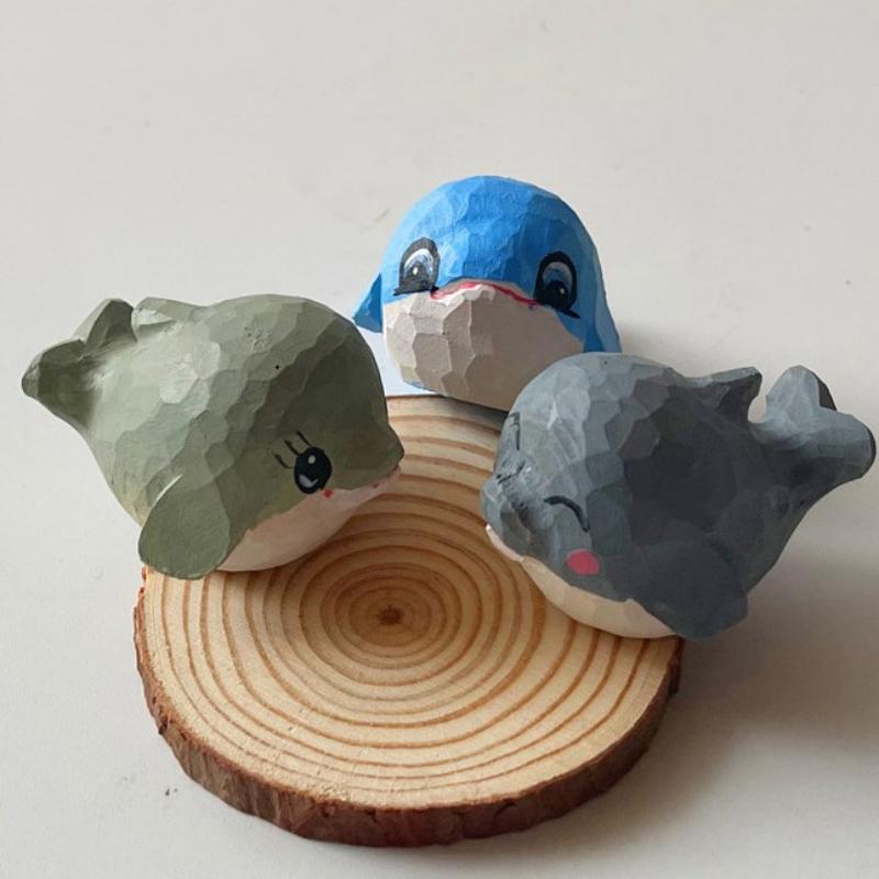 Cute Hand Carved Wooden Dolphin Figurine Small Handmade Animal Art Craft for Bedroom Desktop Home Decor