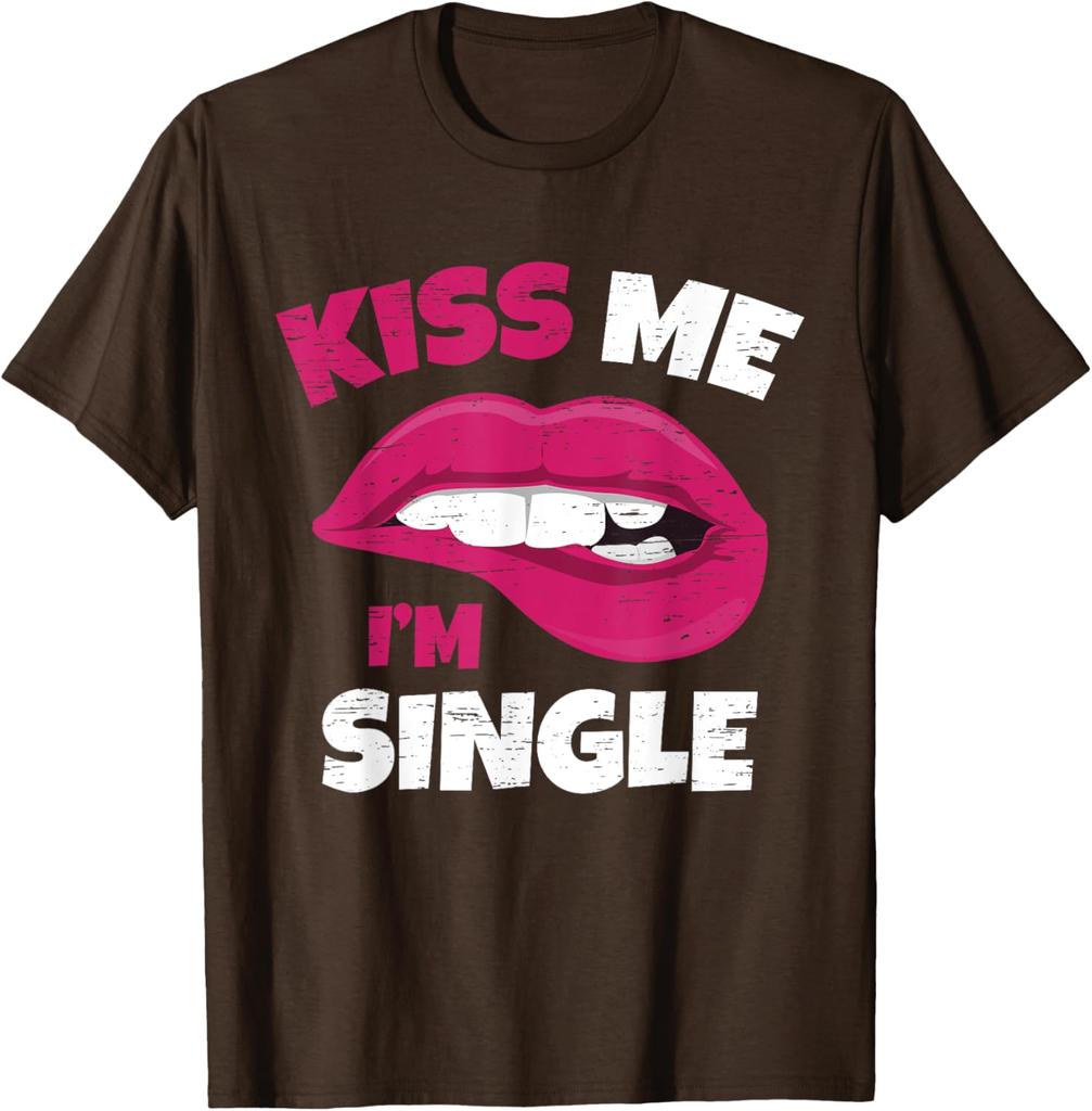Kiss Me Im Single Lips Graphic Print Round Neck Cotton Short Sleeve T-Shirt Casual Daily Adults