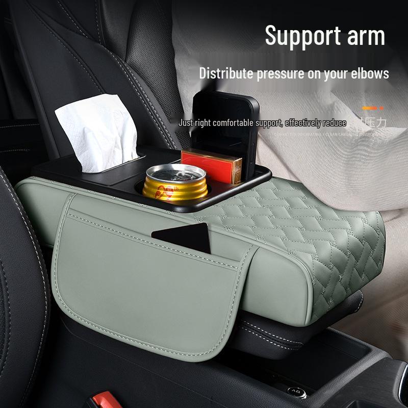 A-Segment Compact Car Armrest Box & Cup Holder Mat with Tissue Storage and Heightening Pad
