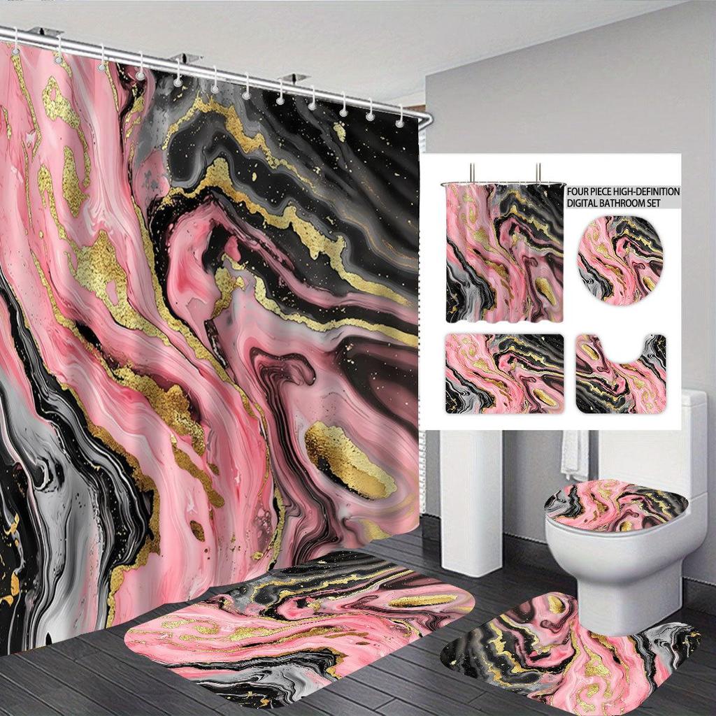 Waterproof Marble Pattern Polyester Shower Curtain Set - Bathroom Decor