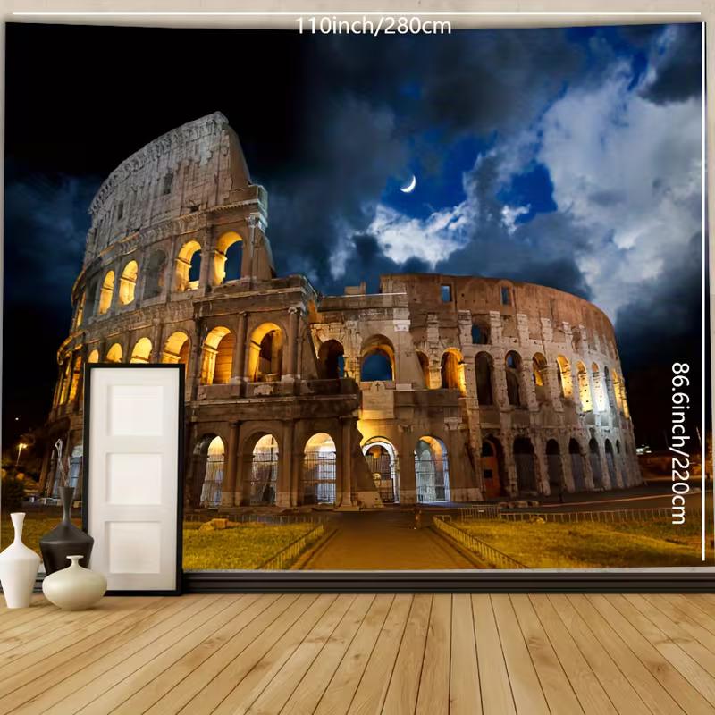 2D Ancient Roman Colosseum Tapestry Nighttime Historical Architecture Wall Hanging