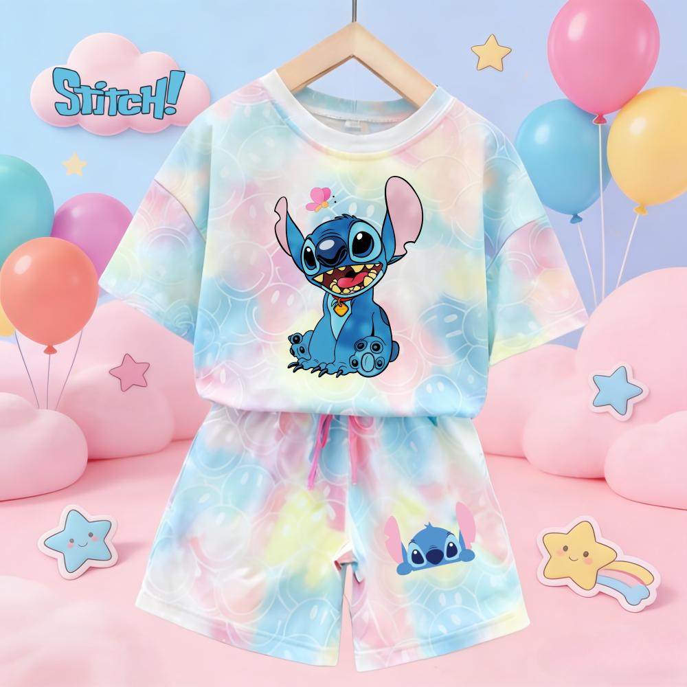 Cute Stitch Print Tie-dye Smile Tees Girl Summer pajamas Kawaii Smile Face Short Sleeve Outfits Short Sleeve T-Shirt and Shorts
