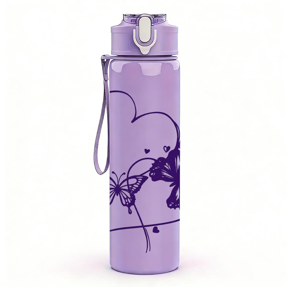 1PC Purple Butterfly Thin Heart 750ml Color Plastic Sports Water Bottle Leakproof Flip Straw Lid Suitable for Sports Office Home Use