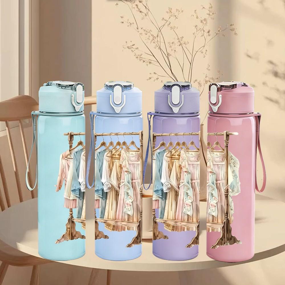 1PC Vintage Clothes Hanger Dress Pattern 750ml Color Plastic Sports Water Bottle Leakproof Flip Straw Lid Suitable for Sports Office Home Use