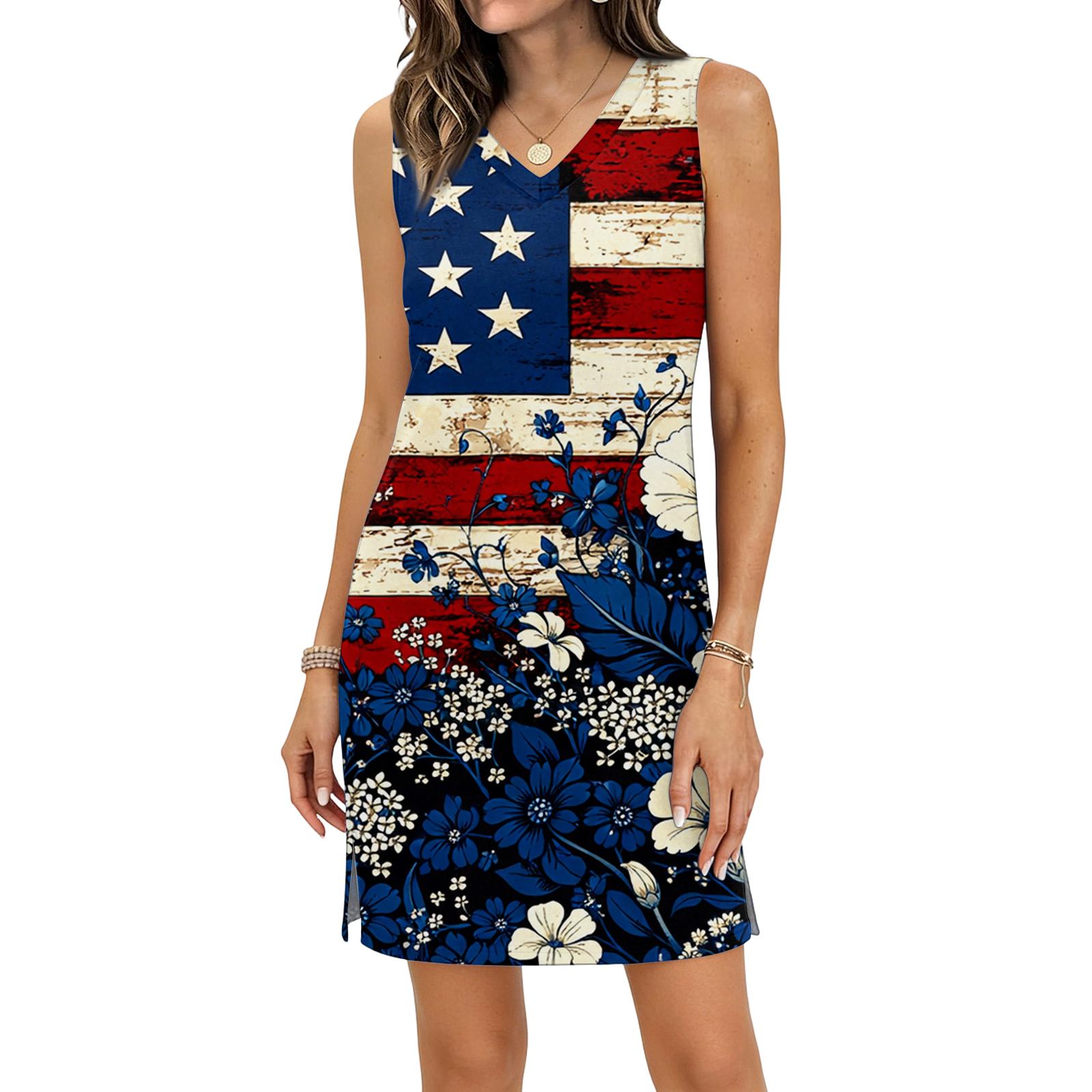

Women’s Casual V-Neck Sleeveless Split Hem Independence Day Printed Dress XXL синій