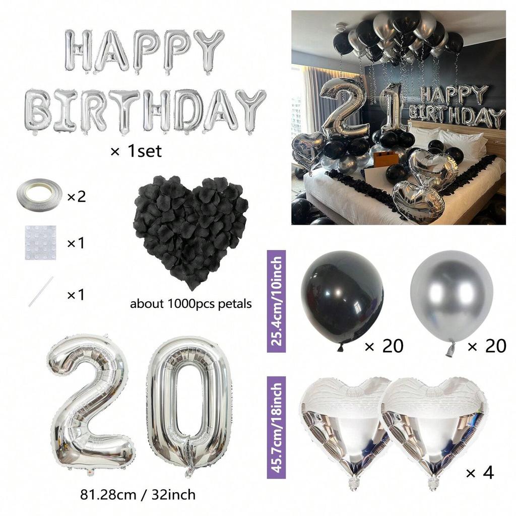 1050pcs Black & Silver Party Balloons Decorations with Silver Happy Birthday Banner Chrome Silver Balloons for kids and adults