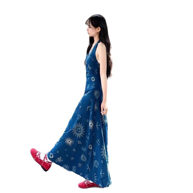 French retro blue V-neck floral vest dress for women's summer small man with waist and thin temperament a-word long dress