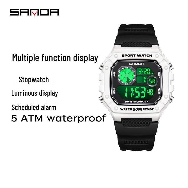 Sanda Teen & Men Multifunctional Waterproof Fashion Square Alarm Clock Watch