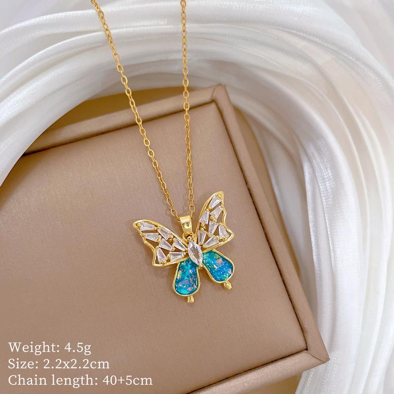 Necklace Earrings Set Light Luxury Full Diamond Blue Bow Personality Temperament Banquet Earrings Necklace Group