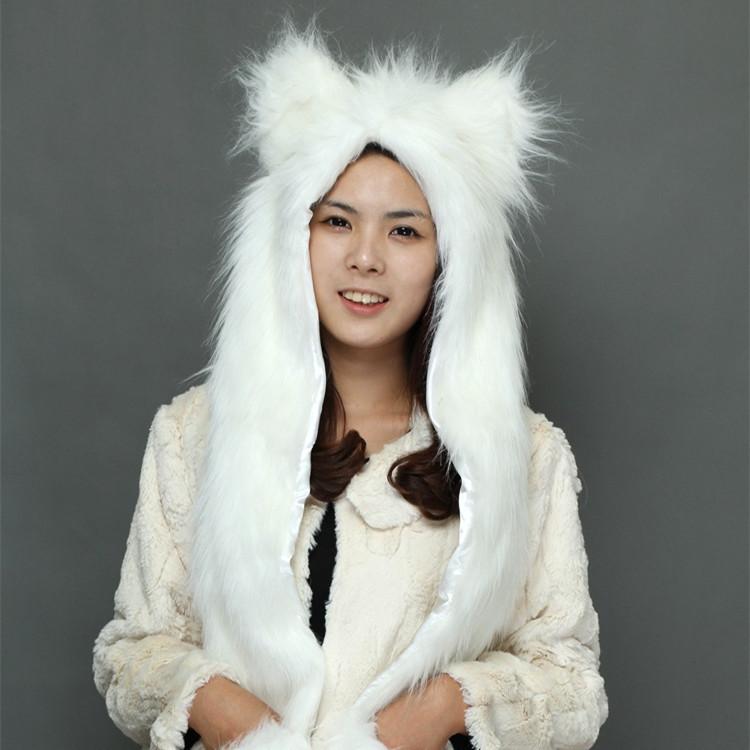Favorable Price Faux Fur White Wolf Cat Ear Hooded Scarf Hat Plush Animal Ear Hat with Scarf for Cosplay Halloween