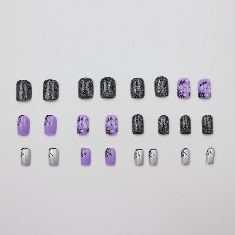 Sweet Purple Little Devil Halloween Press-on Nails with Glitter Silver Edges