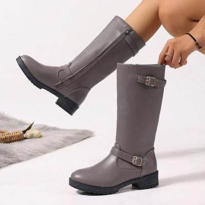 New Mid-heeled Long Boots for Women with Belt Buckle Plus-size Shoes