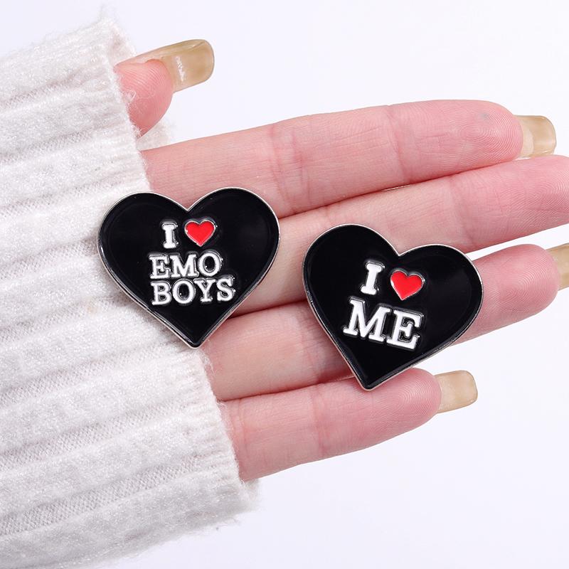 I Love Me Enamel Pins Custom Brooches I Love Emo Boys Future Milf Lapel Badges Black Heart Punk Jewelry Gift for Friends