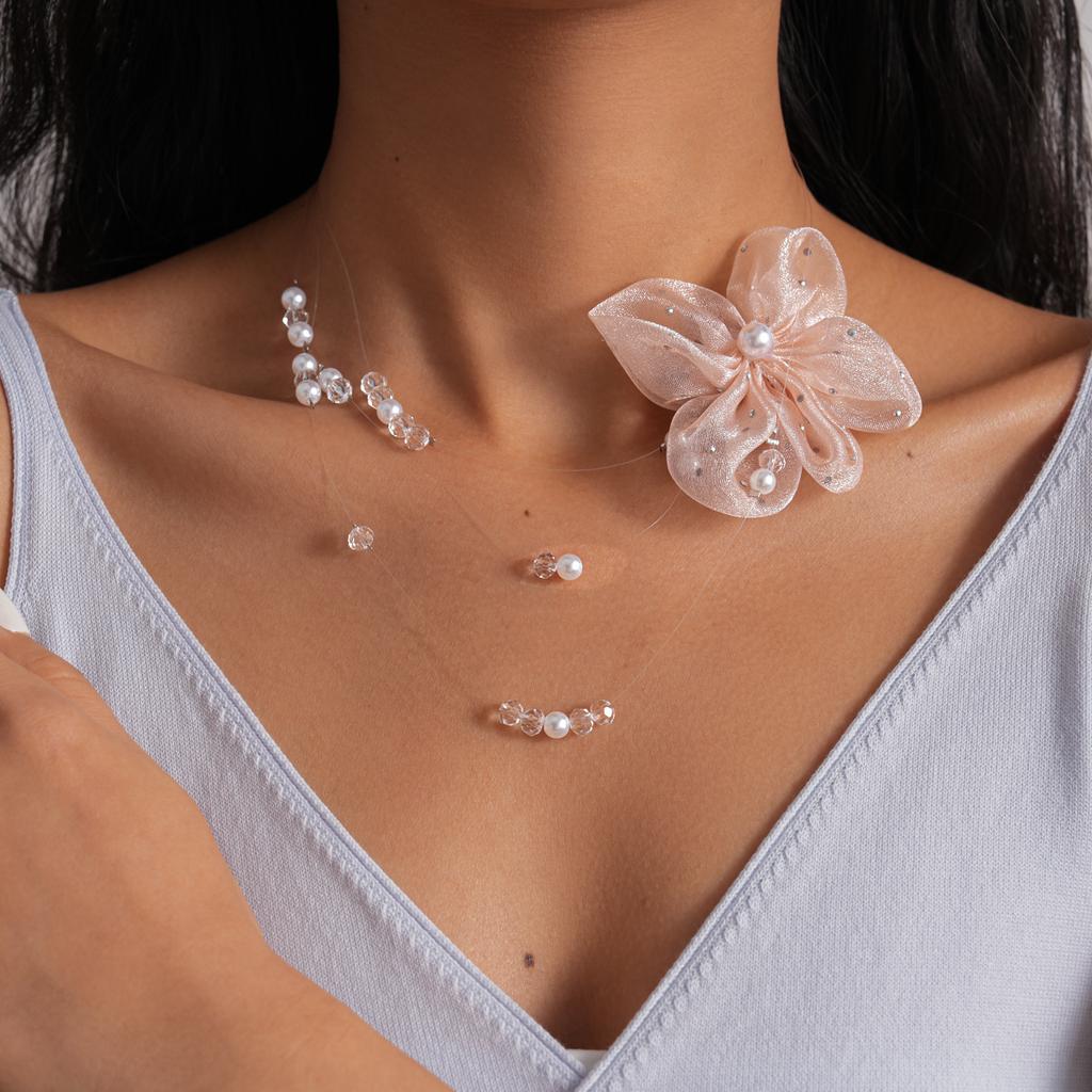 Delicate Sheer Floral Pendant Necklace with Pearl & Crystal Beads, Romantic Statement Jewelry for Weddings & Parties