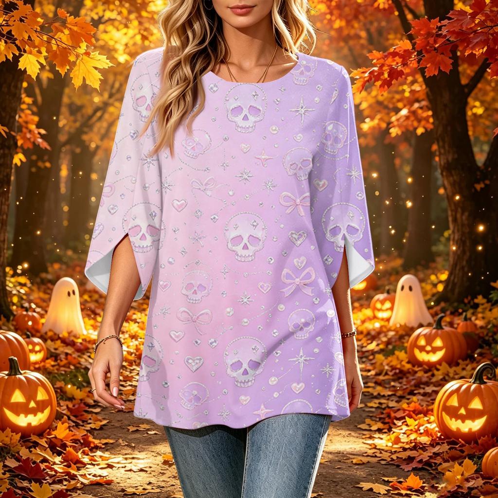 Women's Halloween Printed Casual Loose Fit Round Neck Three-Quarter Sleeve Top