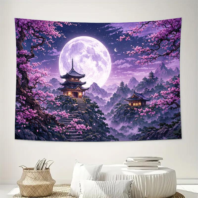 Japanese Moonlight Sakura Pagoda Mountain Landscape Wall Tapestry Machine Washable All Season Print Oriental Fantasy Design Home
