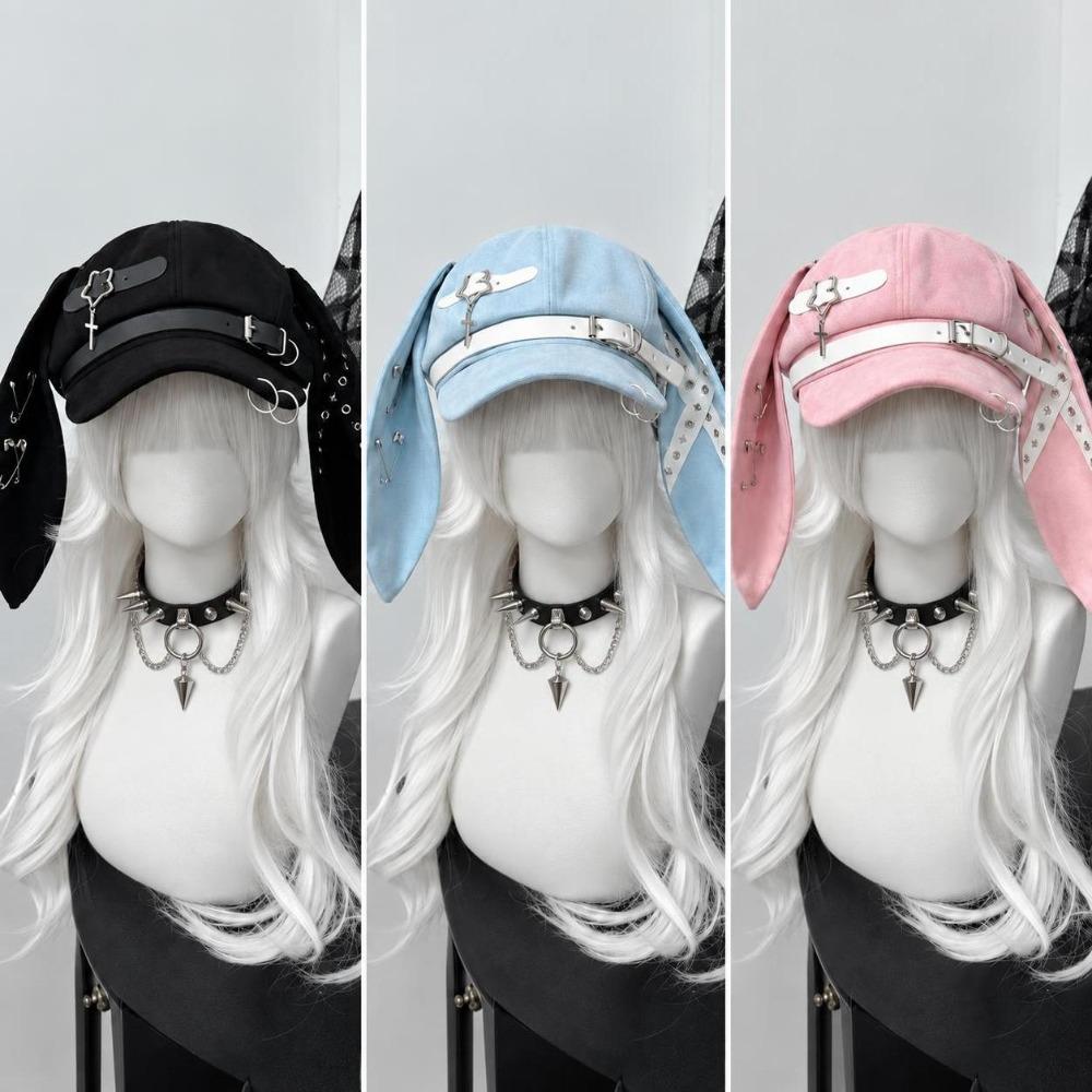 Detachable Long Rabbit Ears Beret Rivet Buckle Chic Octagonal Hat Gothic Punk Hat  for Girls