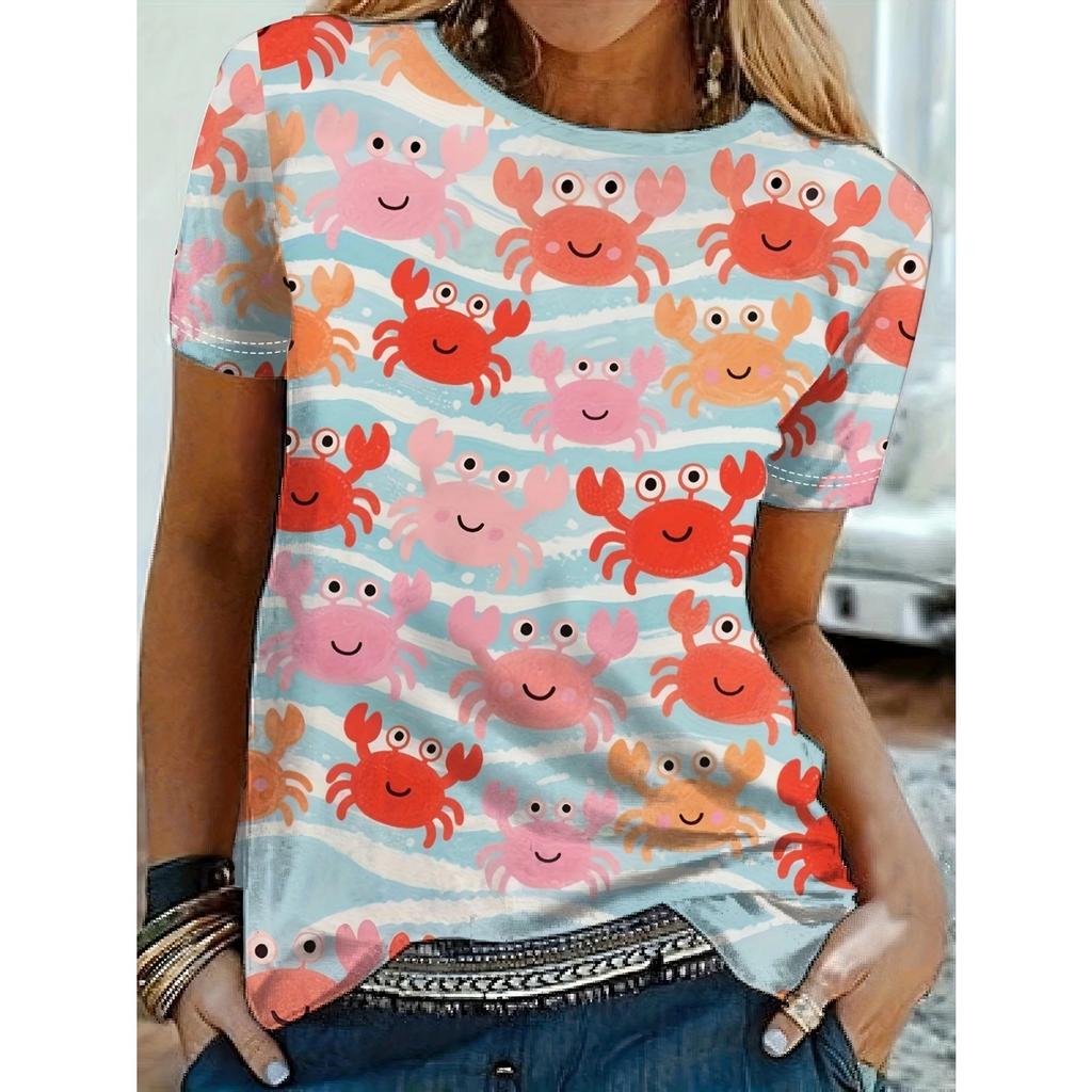 New Summer Women's 3d Pattern Printing Women's T-shirt Round Neck Short-sleeved Street Casual Daily Basic Top