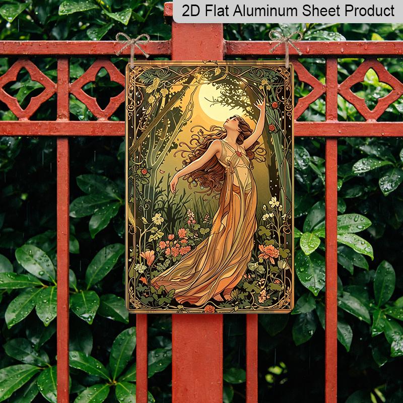 2D Flat Vintage Garden Girl Aluminum Wall Art- 8x12 Inches, Elegant Forest Scene with Flowing Dress& Blooming Flowers, Perfect for Indoor/Outdoor