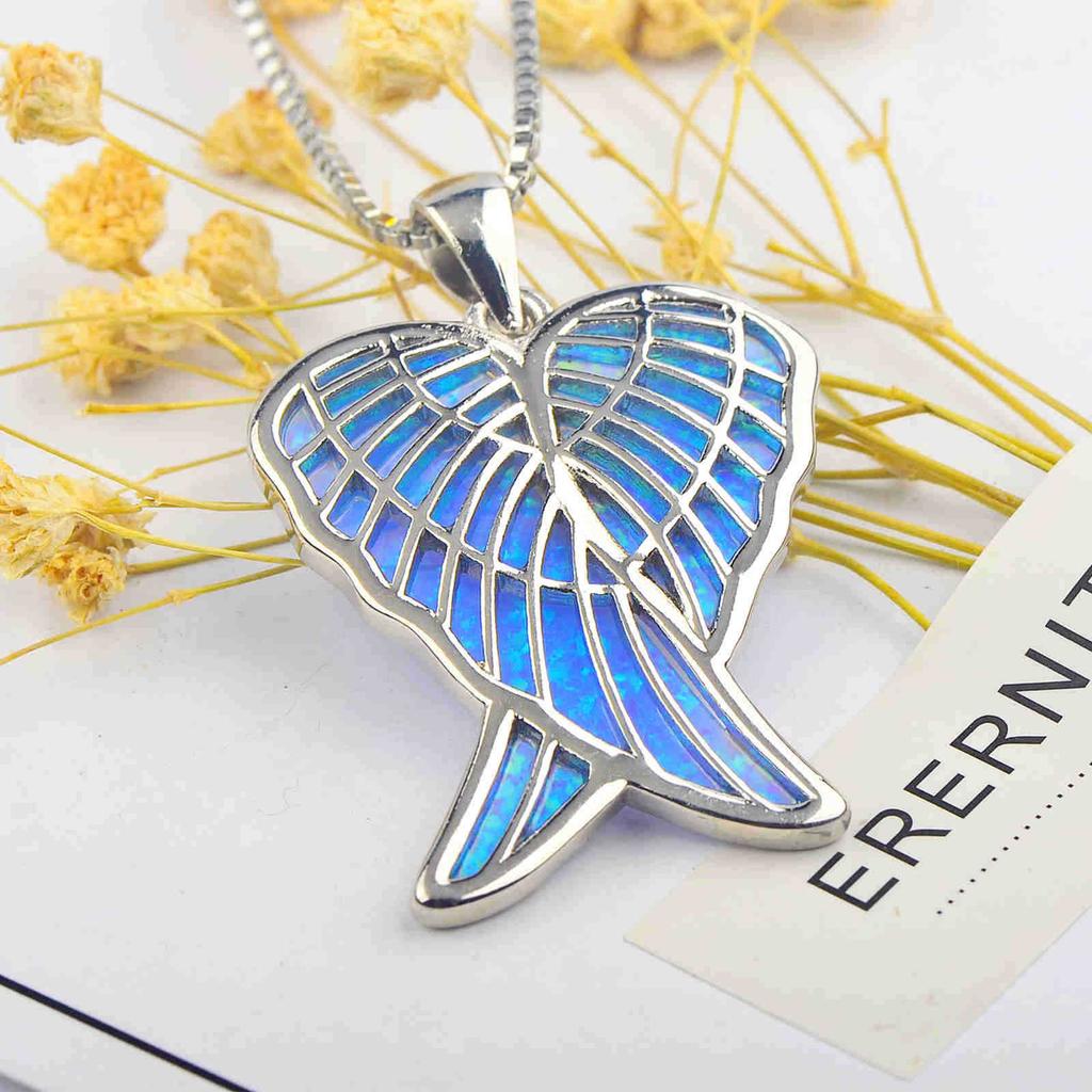 Aobao  Angel Wing Necklace with Sweater Chain Pendant Inlaid Opal